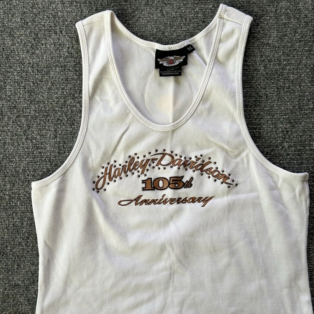 Harley Davidson Shirt Women Extra Large White Tank Top Sleeveless 105th USA Made
